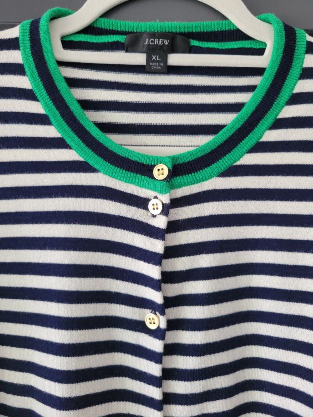 J. Crew Navy and White Striped Cardigan with Green Accents and gold buttons - Picture 8 of 8